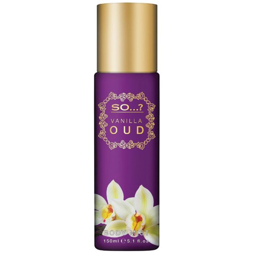 Flacon de brume corporelle violet avec bouchon doré. Inscription: Vanilla Oud. Illustration de fleurs d'orchidées.