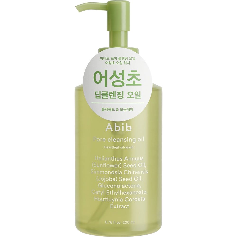 Abib Pore Cleansing Oil in een transparante groene fles met pompdosering. Bevat zonnebloemolie en jojoba-olie.