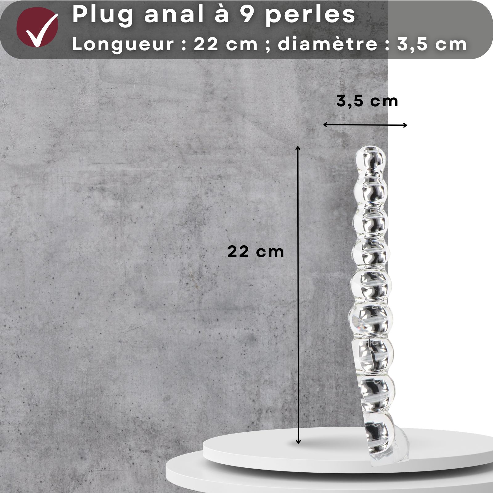 Plug anal à 9 perles. 22 cm de long, 3,5 cm de diamètre. En verre. Forme conique.
