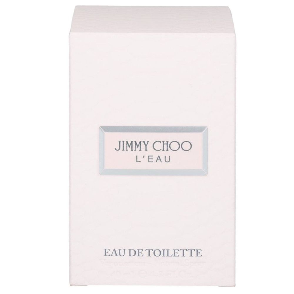 Emballage rectangulaire blanc avec inscription: JIMMY CHOO L'EAU, Eau de Toilette.