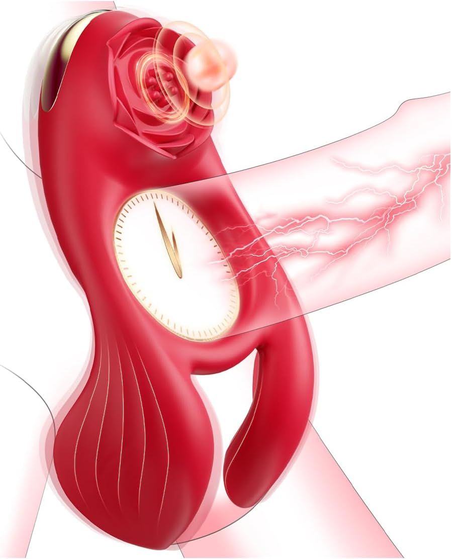 Vibrateur rouge avec embout en forme de rose et design horloge. En démonstration. Lignes électriques visualisant la stimulation.