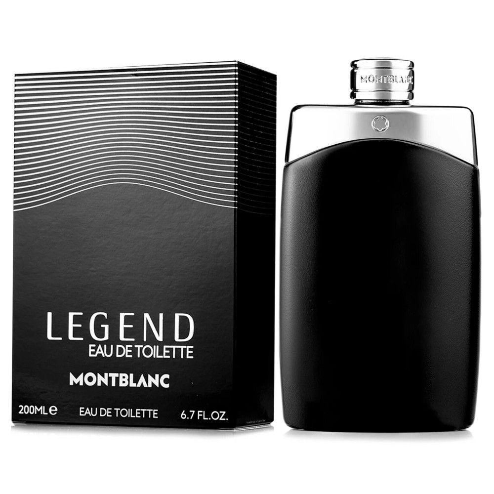 Zwarte fles met zilveren dop en verpakking. Opschrift: LEGEND, MONTBLANC. 200ml.