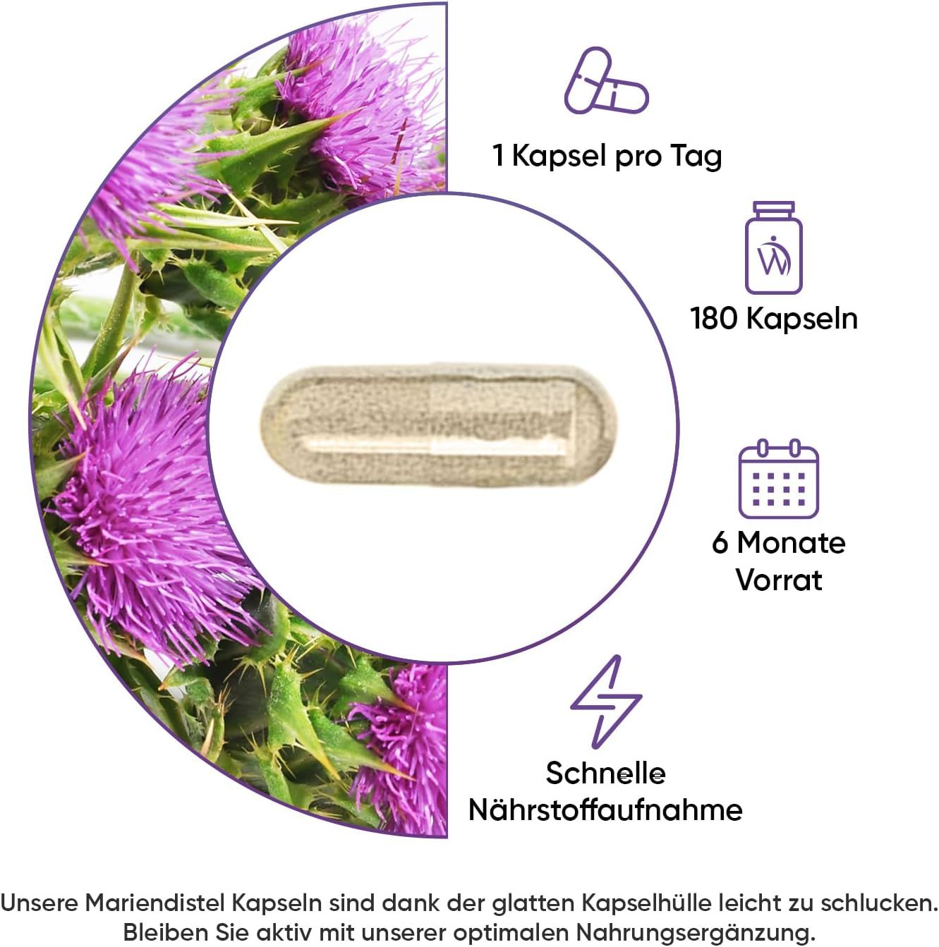 Afbeelding met mariadistel capsule, bloemen en iconen. 1 capsule per dag, 180 capsules, 6 maanden voorraad, snelle nutriëntenopname.