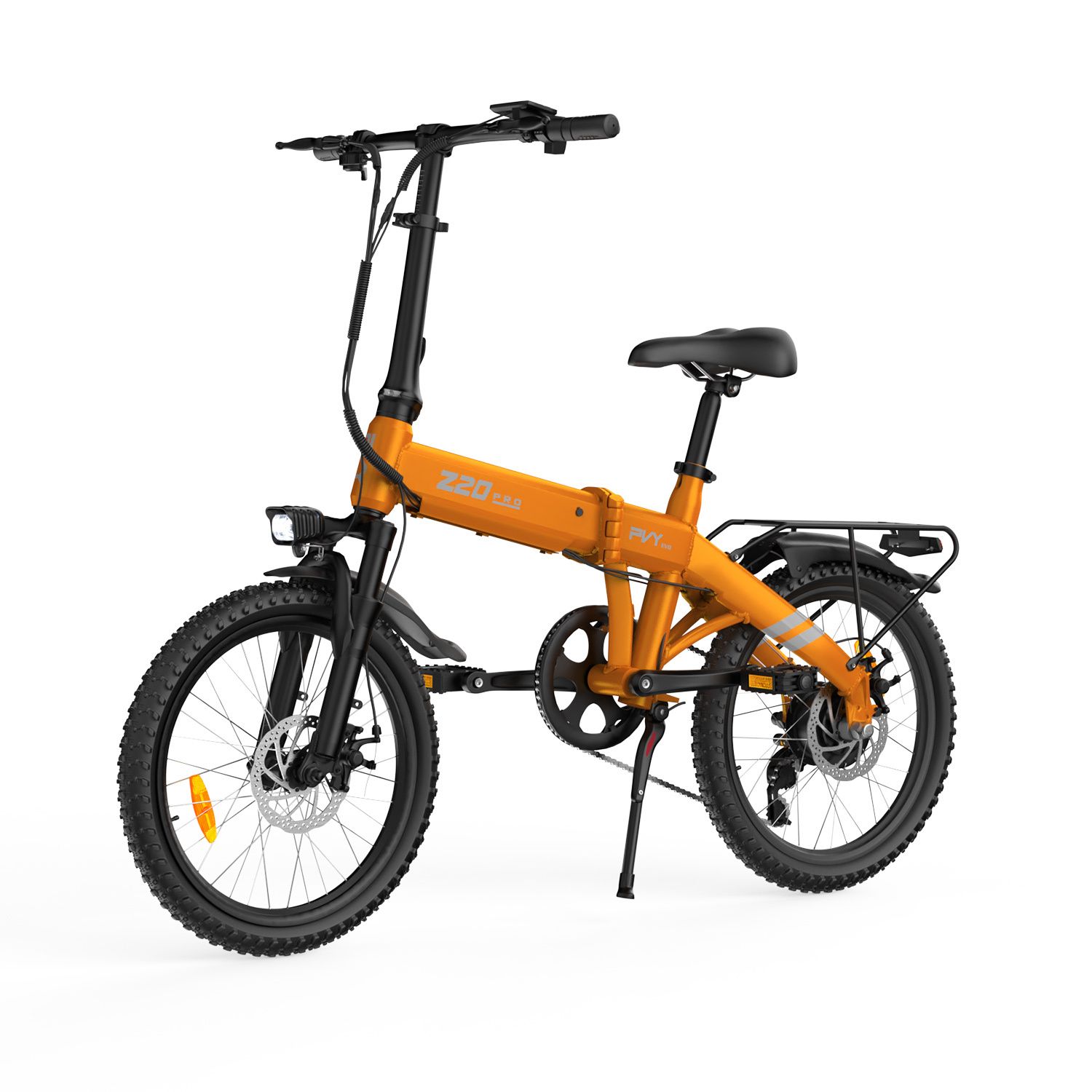 Vélo électrique pliable orange avec cadre noir, porte-bagages et phare. Inscription Z20 PRO EVO.