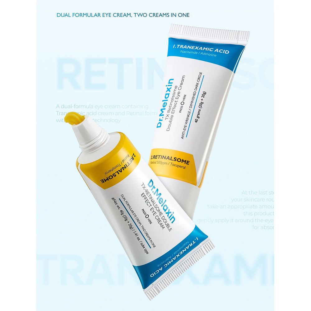 Twee tubes Dr. Melaxin TX Retinalsome dubbele oogcrème, waarvan één licht ingedrukt, op een witte achtergrond.