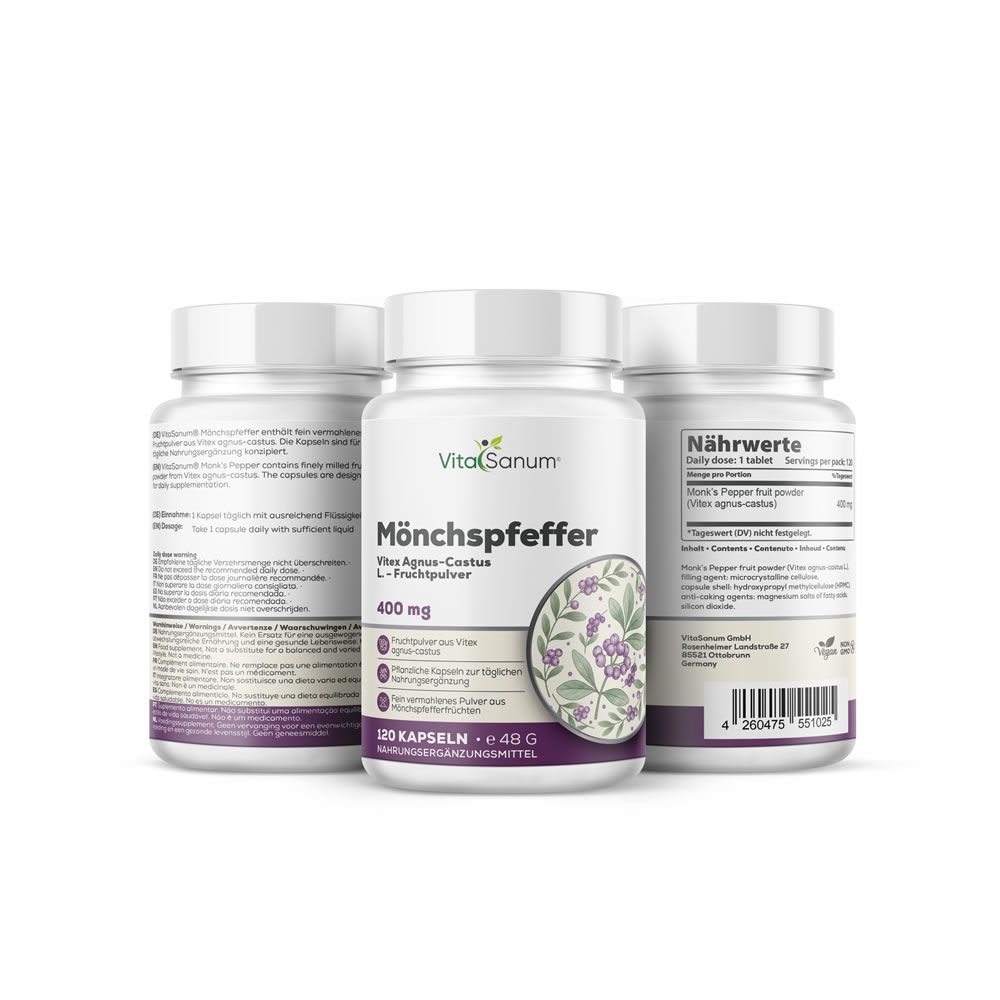 Drie witte flessen VitaSanum Mönchspfeffer. Opschrift: 400 mg, 120 capsules. Illustratie van paarse bloemen. Voedingssupplement.