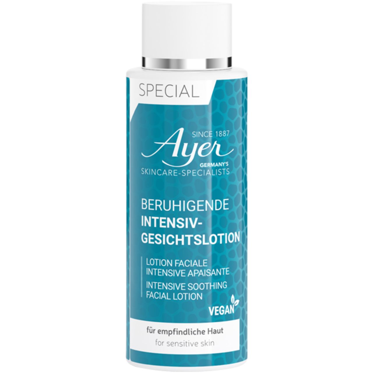 Flacon avec bouchon blanc et étiquette bleue. Texte : "Ayer", "Lotion faciale intensive apaisante", "Vegan".