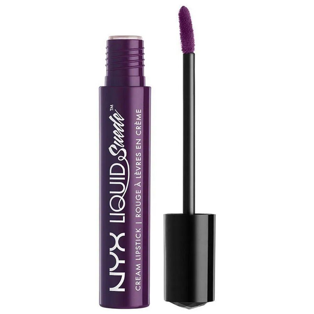 Paarse lipstick tube met applicator. Productnaam: NYX Liquid Suede. Zwarte applicatorstok met paarse punt.