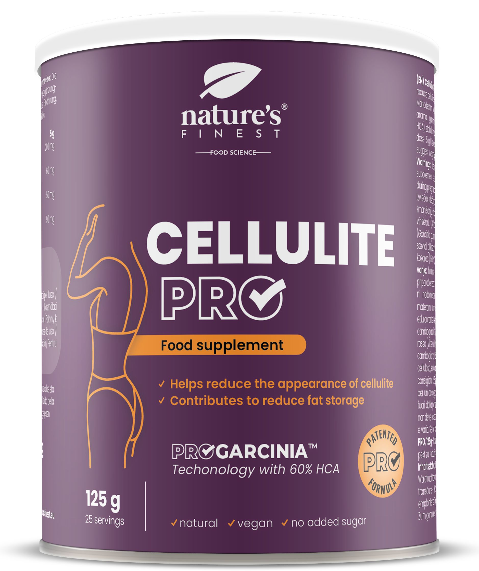 Paarse pot met witte deksel. Opschrift CELLULITE PRO, voedingssupplement. Bevat 125g. Met logo en productinformatie.