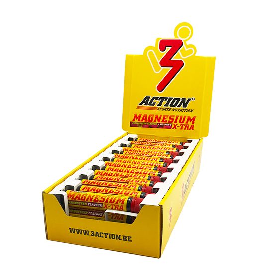 Présentoir de vente avec tubes de Magnesium X-TRA. Boîte jaune avec logo et nom du produit. Visible: tubes, logo, nom.