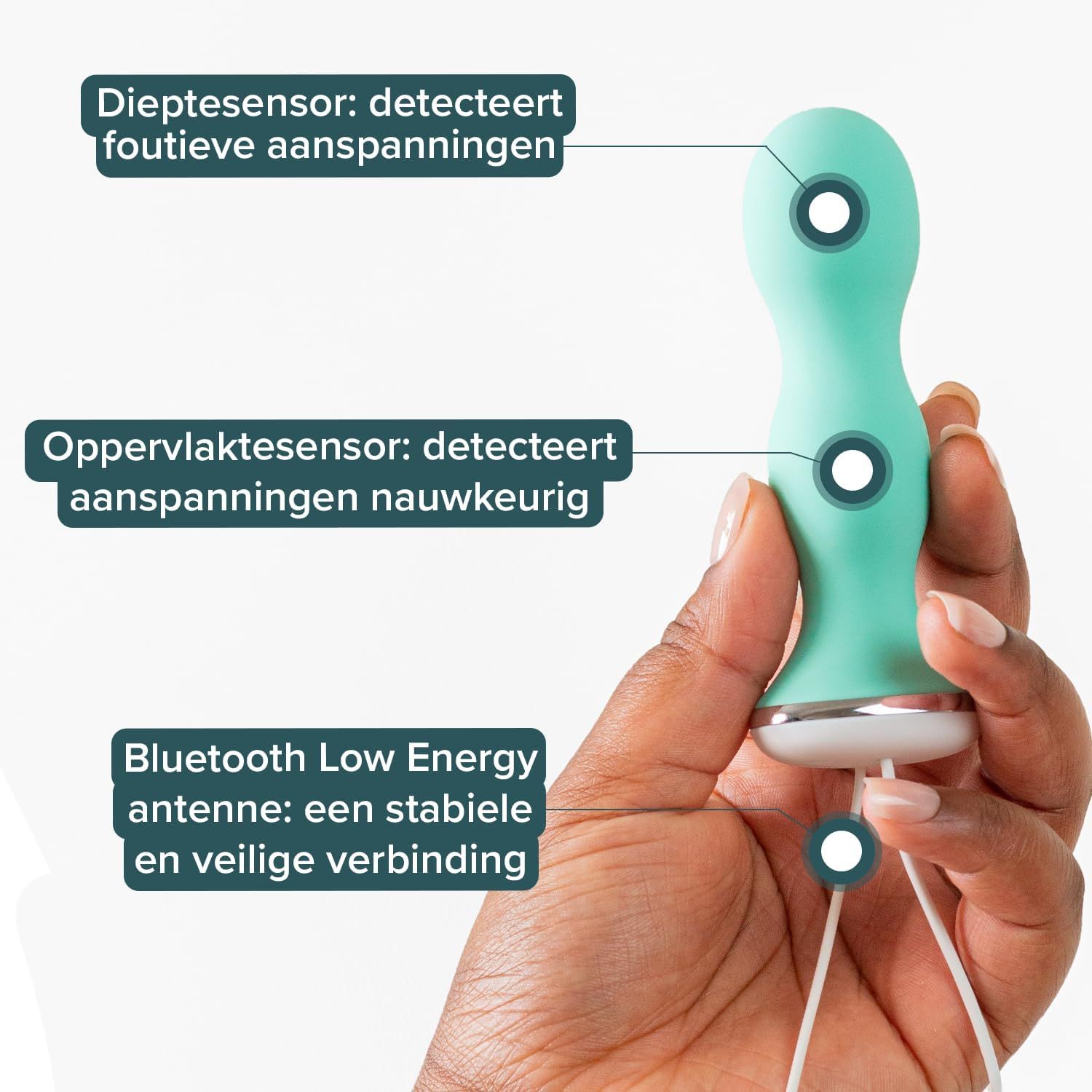 Close-up van de Perifit Care bekkenbodemtrainer met sensoren en Bluetooth-antenne.