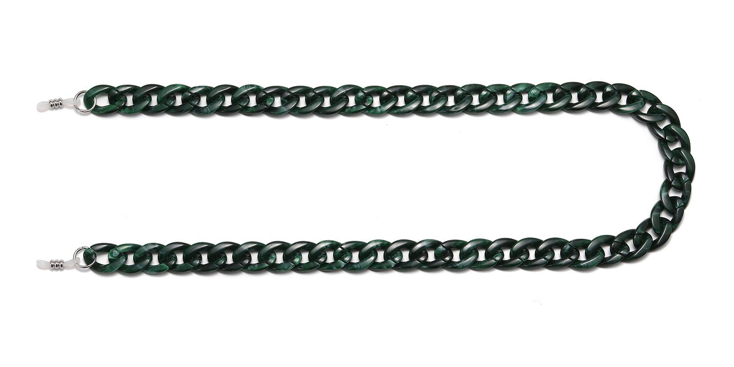 Chaîne de lunettes verte en U. Maillons en plastique, fixations métalliques pour branches de lunettes.