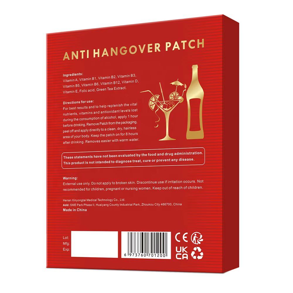 Emballage rouge. Inscription: Anti Hangover Patch. Ingrédients et instructions d'utilisation. Marquage CE et code-barres.