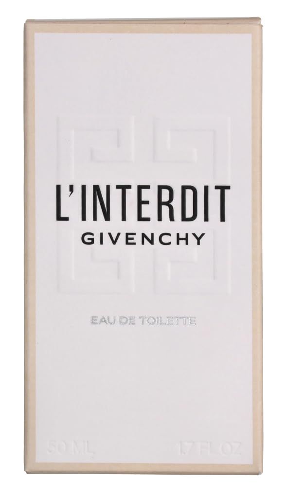Verpakking van het parfum L'Interdit Givenchy. Witte doos met reliëf logo en opschrift. Opschrift Eau de Toilette.