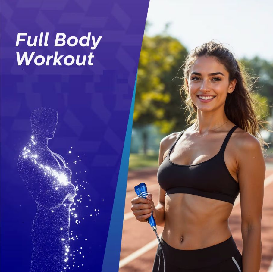 Femme avec corde à sauter sur piste d'athlétisme. Elle porte des vêtements de sport. Silhouette d'homme en arrière-plan.