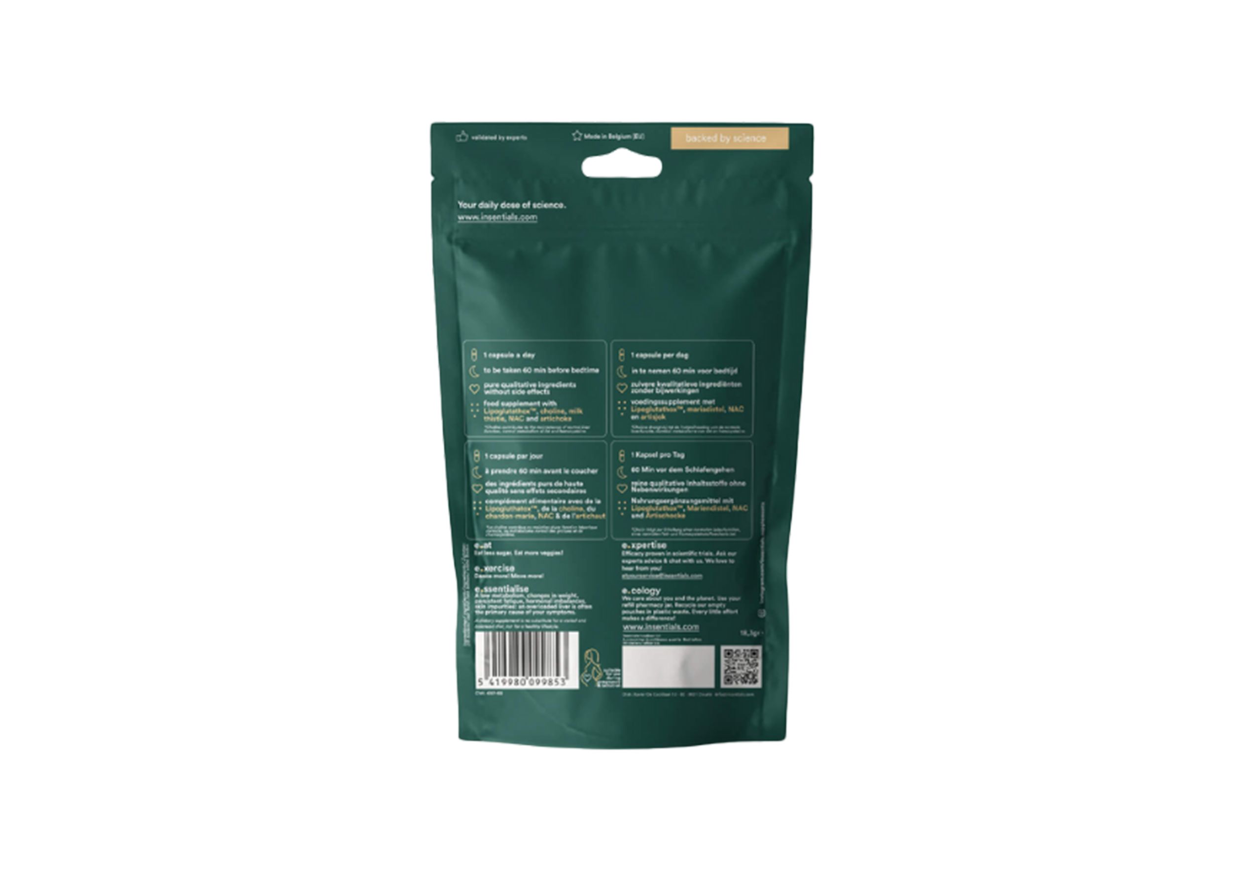 Achterkant groene verpakking. Tekstinformatie en barcode. Merk: Insentials.
