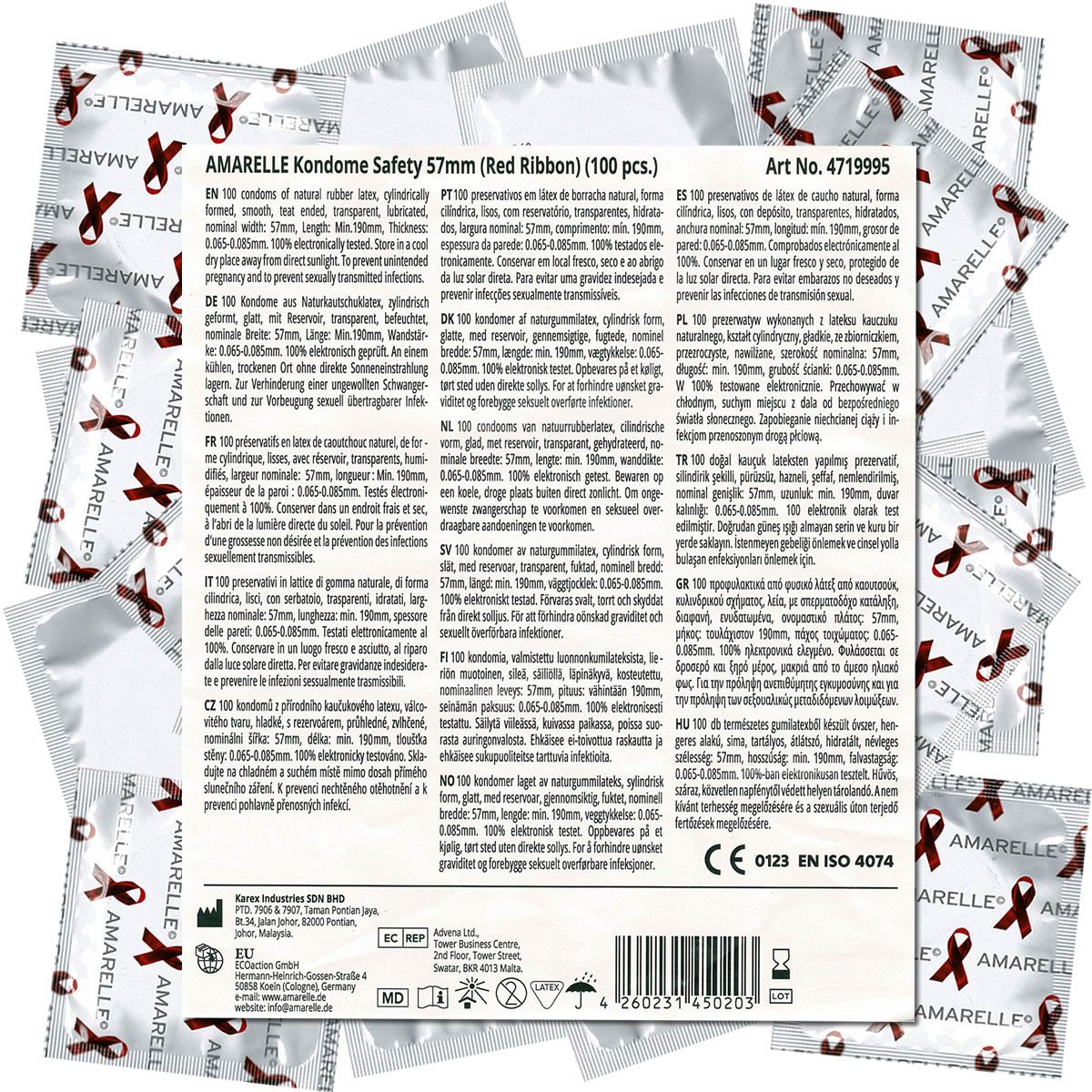 Préservatifs emballés individuellement. Amarelle Safety 57, ruban rouge. 100 pièces. Numéro d'article et certifications.
