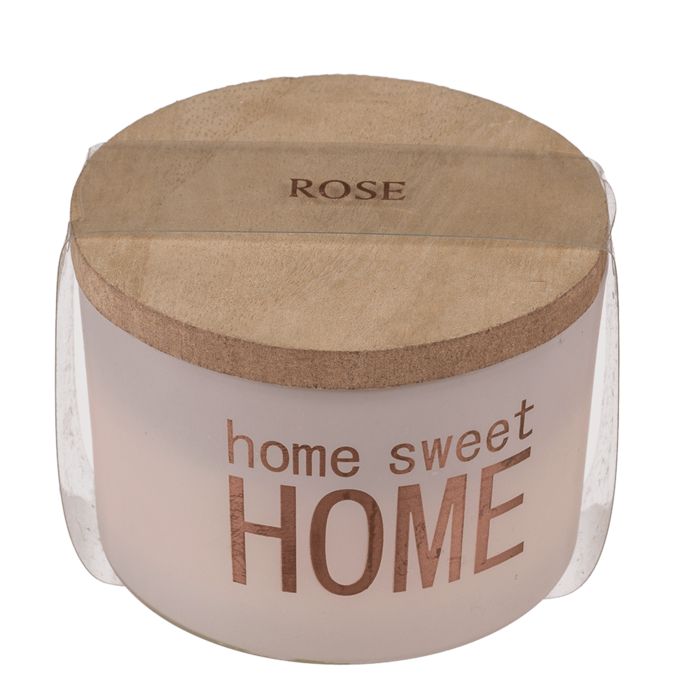 Roze geurkaars met houten deksel. Opschrift "home sweet HOME". Deksel met "ROOS".