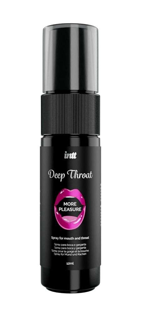 Zwarte sprayfles met productnaam en lippenillustratie. Tekst: Deep Throat, More Pleasure. Spray voor mond en keel.