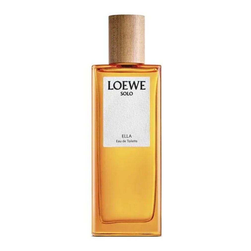 Loewe Solo Ella Eau de Toilette Spray. Rechthoekige fles met houten dop. Opschrift: Loewe Solo Ella.