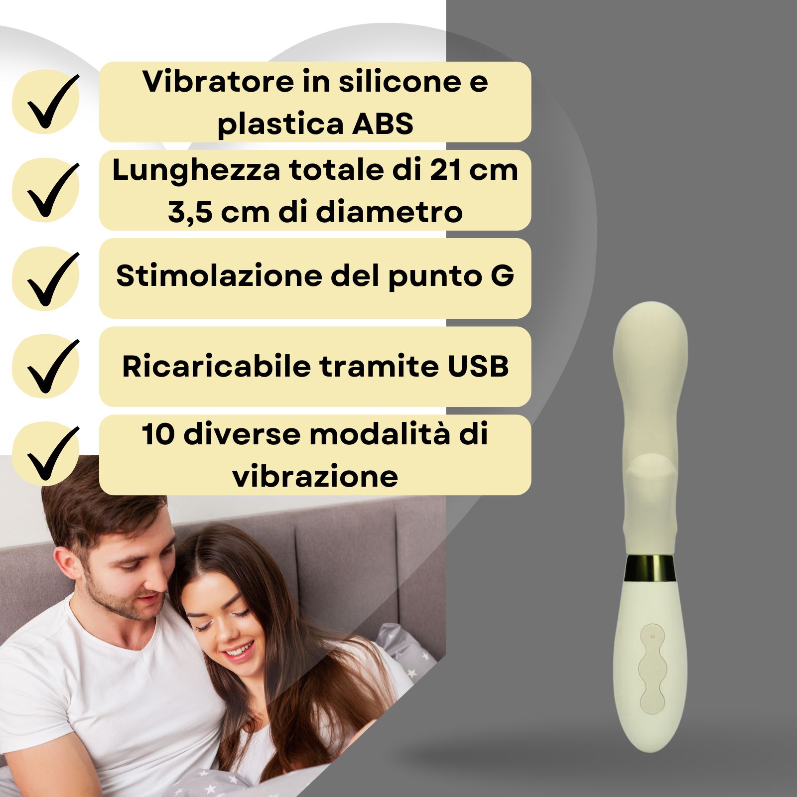 Vibrator siliconen/ABS, 21cm, 3,5cm diameter, G-spot stimulatie, USB oplaadbaar, 10 modi.