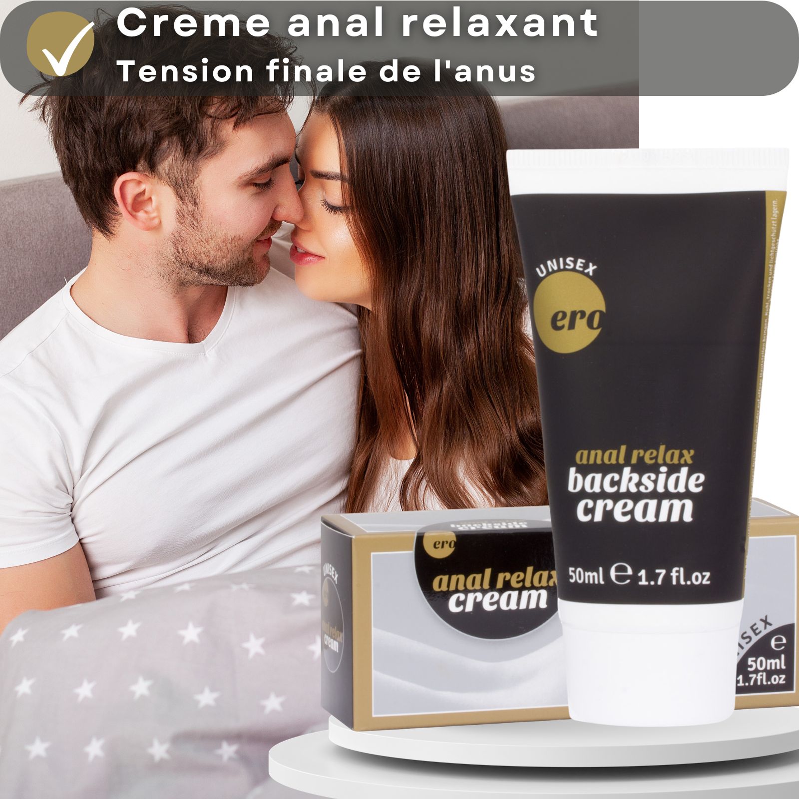Tube de crème. Inscription : "Ero", "Anal relax backside cream". 50ml. Couple au lit.