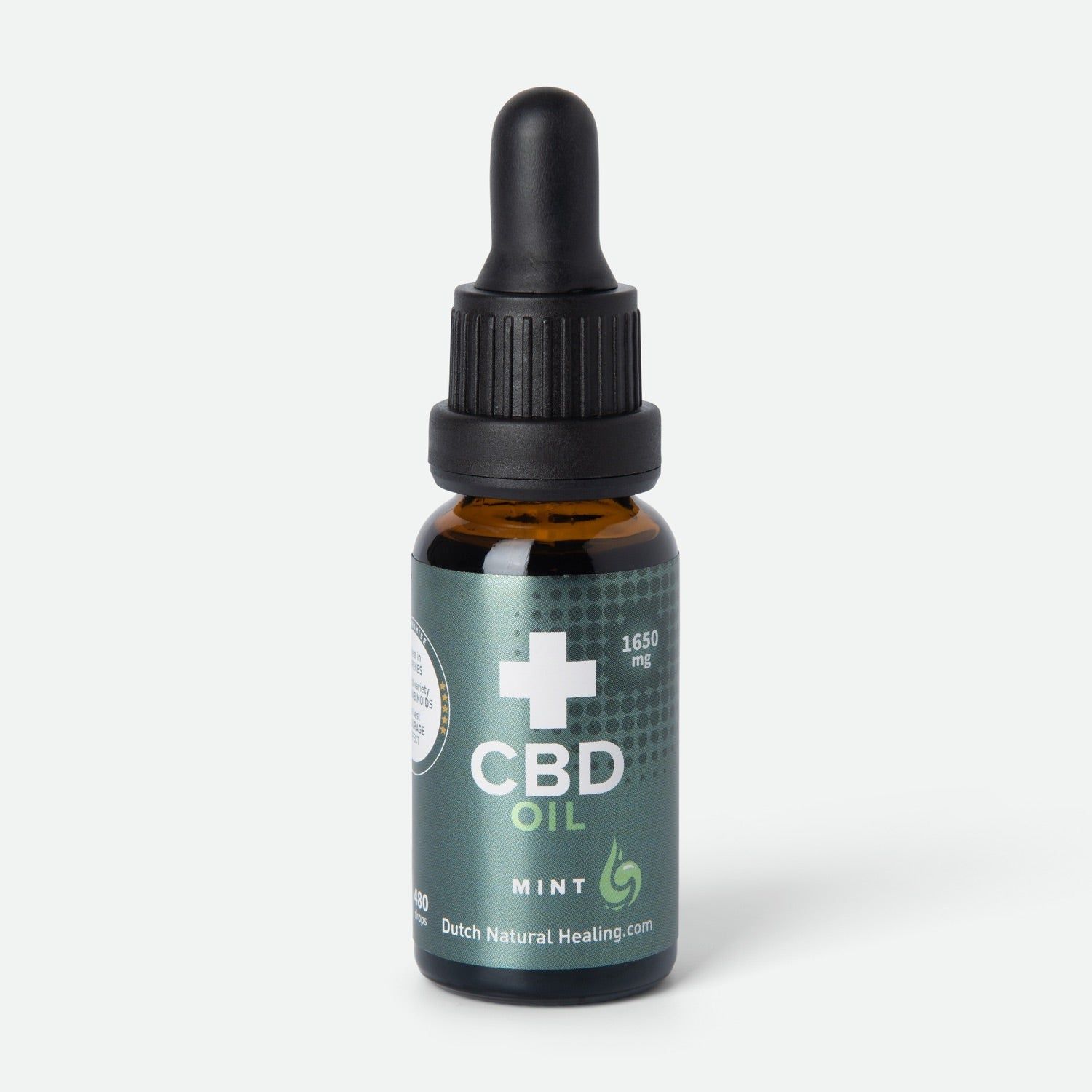 Flacon en verre brun avec compte-gouttes noir. Étiquette "CBD OIL", "MINT" et logo. Texte "Dutch Natural Healing".