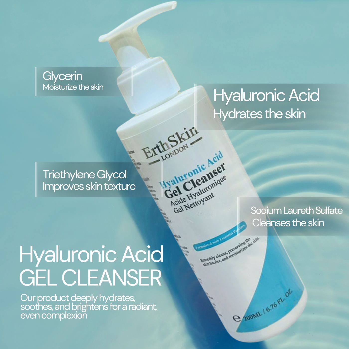 Flacon avec pompe. ErthSkin London Hyaluronic Acid Gel Cleanser. Texte sur les ingrédients. 200ml.