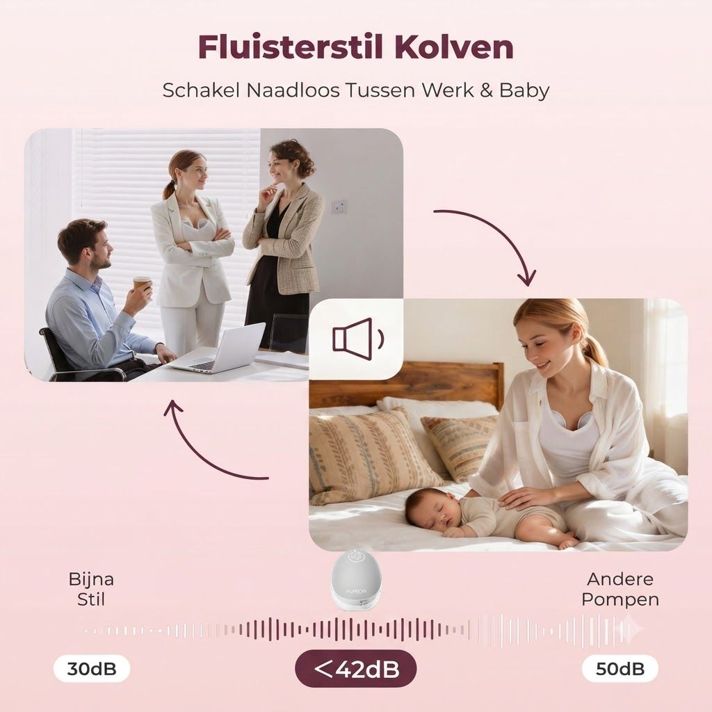 Twee scènes: zakelijke bijeenkomst en moeder met baby. Toont stille kolf (<42dB) vergeleken met andere kolven (50dB).