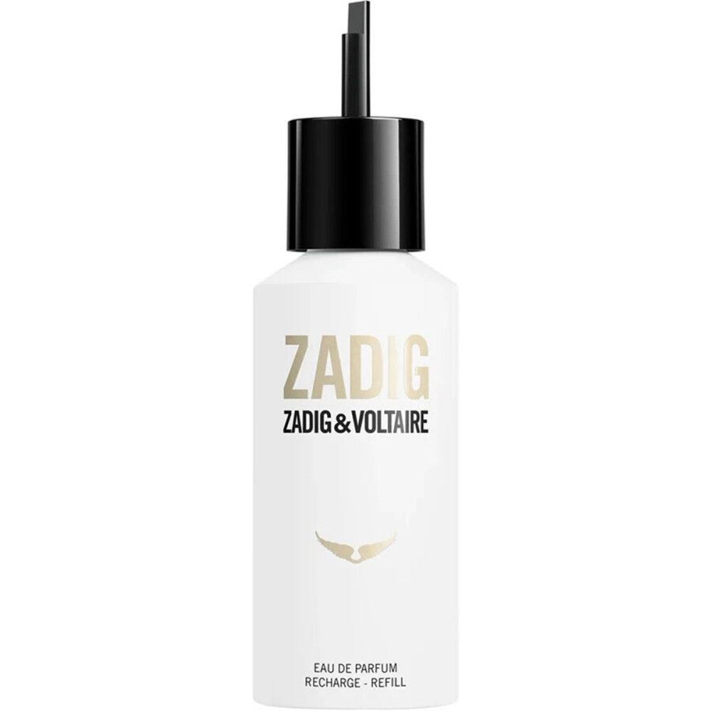 Zadig & Voltaire Eau de Parfum navulling. Witte fles met zwarte dop. Gouden belettering.