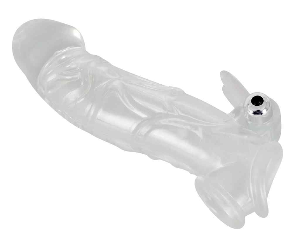 Manchon pénien transparent avec fonction de vibration. Forme de pénis avec ailes. Fonction de vibration visible.