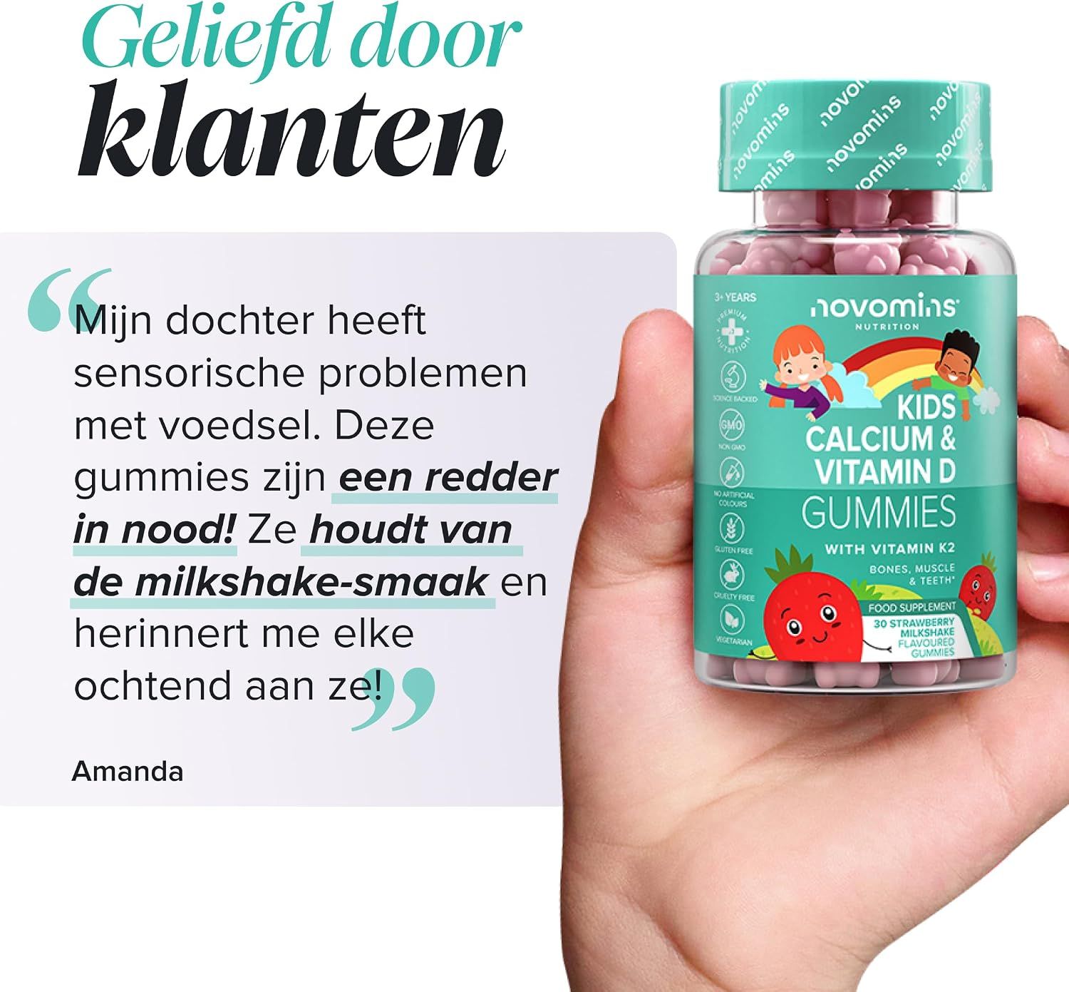 Hand houdt een fles Novomins Kids Calcium & Vitamine D Gummies vast. "Geliefd door klanten."