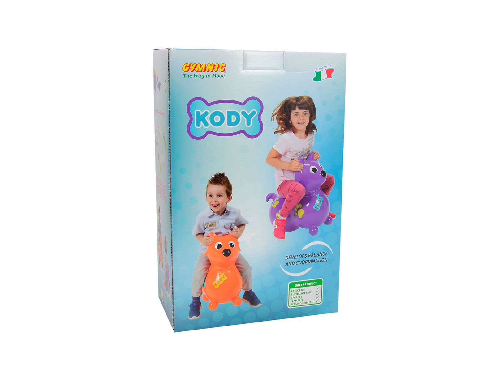 Gymnic KODY verpakking. KODY-opschrift, kinderen rijden op springdieren. Ontwikkelt evenwicht en coördinatie.