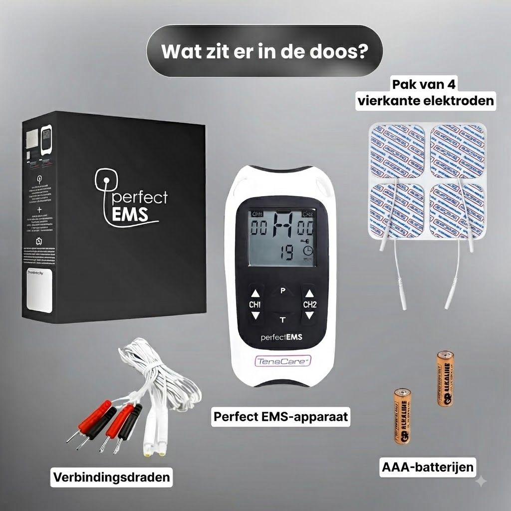 Perfect EMS apparaat met elektroden, verbindingsdraden en AAA-batterijen.
