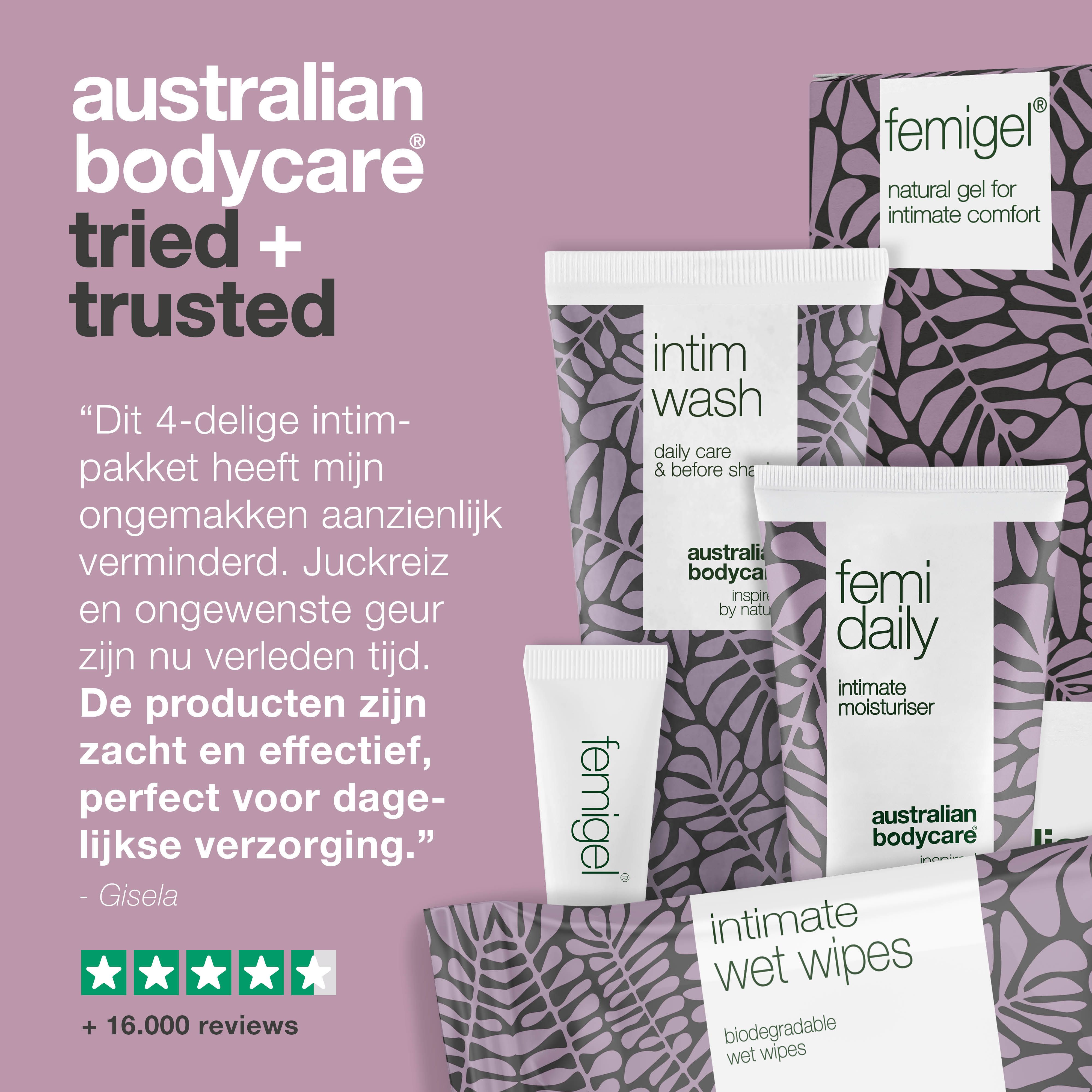Productset met tekst en beoordelingen. Intieme verzorgingsproducten. Merknaam zichtbaar.