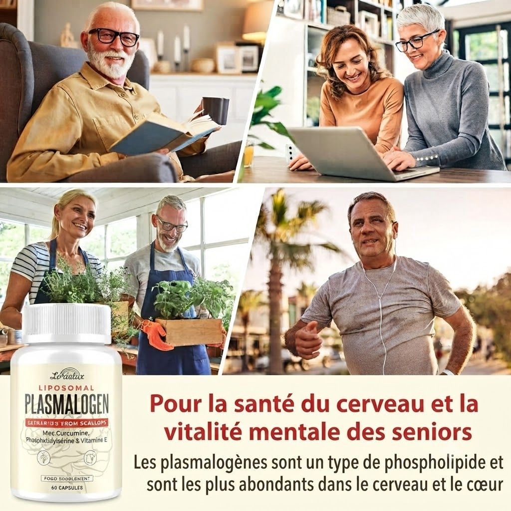 Collage de seniors actifs : lecture, ordinateur, jardinage, sport. Une bouteille de complément alimentaire Plasmalogen est visible.