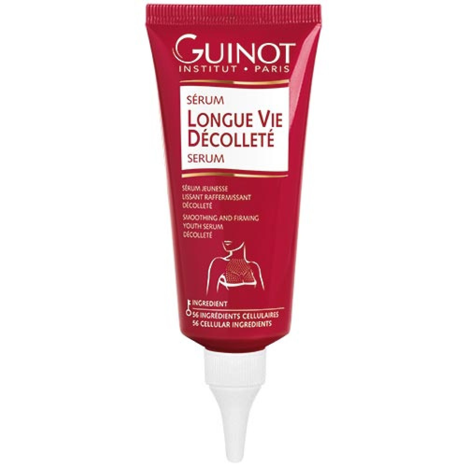 Rode tube met witte punt. Opschrift: Guinot, Sérum Longue Vie Décolleté. Bevat 56 cellulaire ingrediënten.