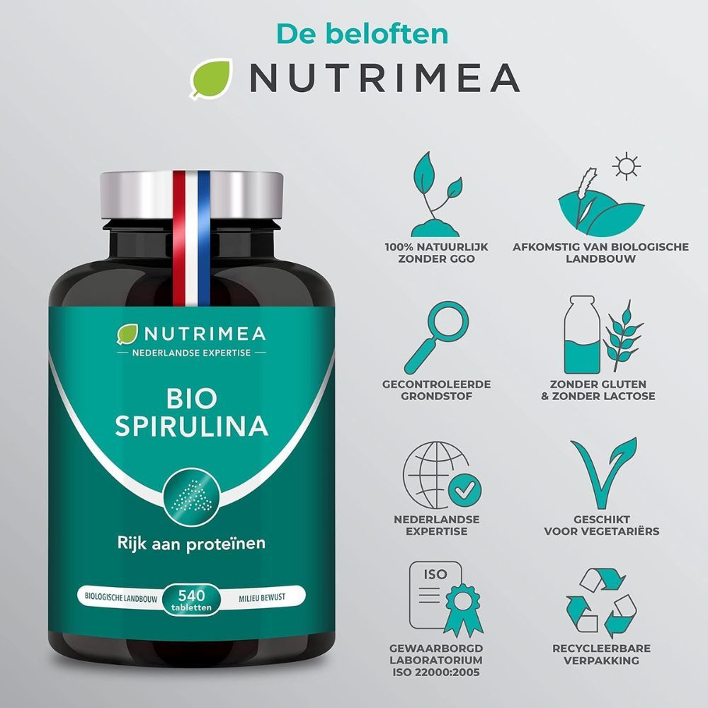 Donkere fles BIO SPIRULINA. 540 tabletten. Rijk aan eiwitten. Nederlandse expertise. ISO-certificering.