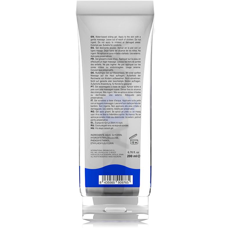 Achterkant van een Aqua waterbased glijmiddel tube met instructies en ingrediënten.