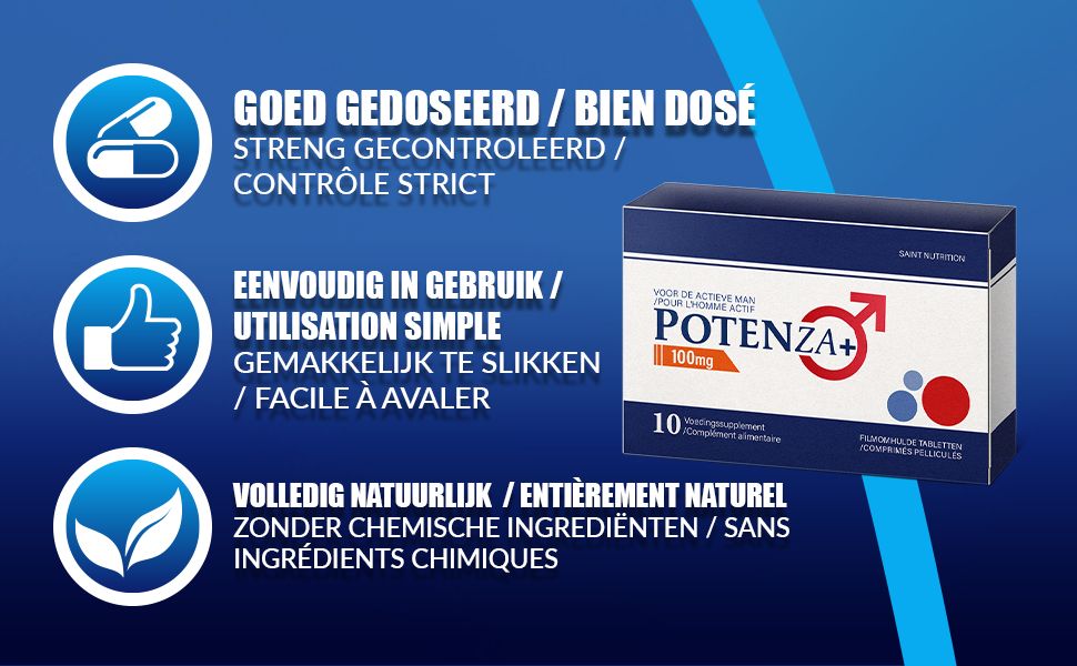 Verpakking met tabletten. Tekst: Potenza+ 100mg. Goed gedoseerd, streng gecontroleerd. Eenvoudig in gebruik. Volledig natuurlijk.
