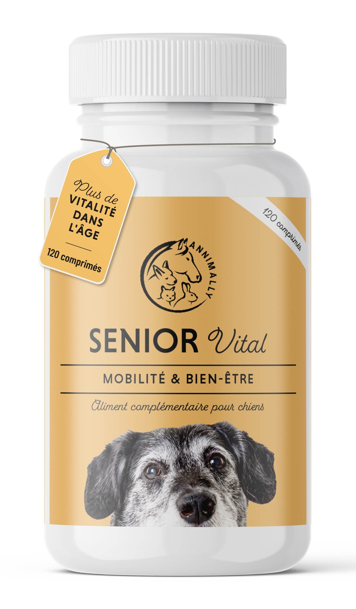 Flacon de comprimés blancs. Étiquette : SENIOR Vital. Étiquette : Plus de vitalité dans l'âge. 120 comprimés.