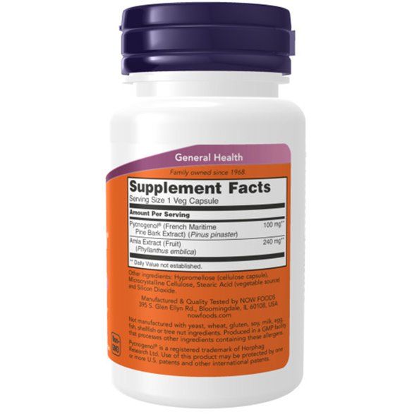 Dos du flacon. Étiquette avec informations nutritionnelles et ingrédients. Marque : NOW FOODS. Contient Pycnogenol, 100 mg.