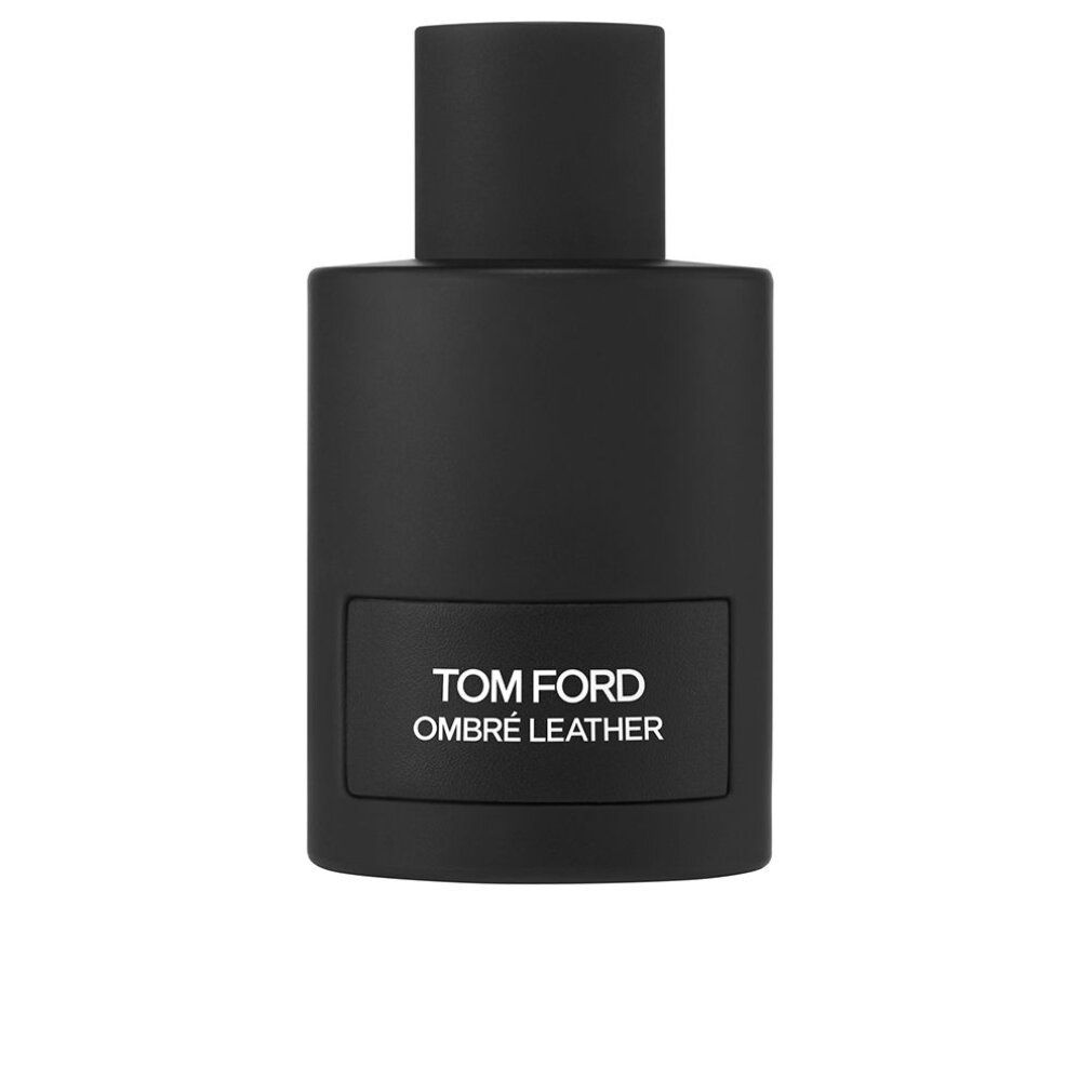 Zwarte fles met opschrift TOM FORD OMBRÉ LEATHER. Cilindrische vorm, zwarte dop.