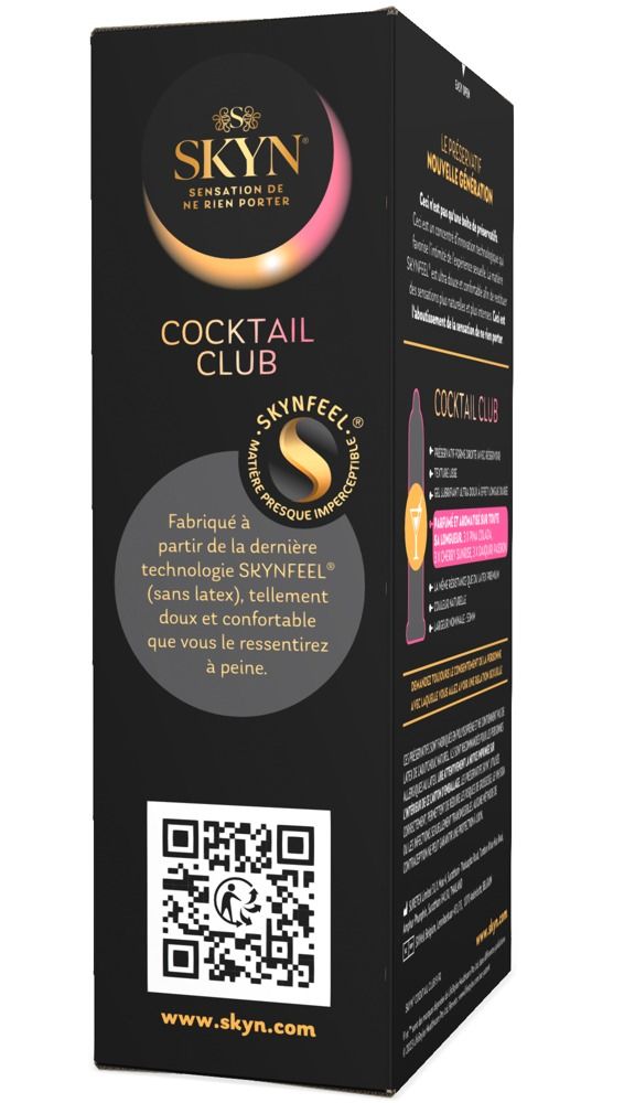 Zwarte doos SKYN Cocktail Club. Tekst: SKYN, Cocktail Club, SKYNFEEL technologie. QR-code en websiteadres.
