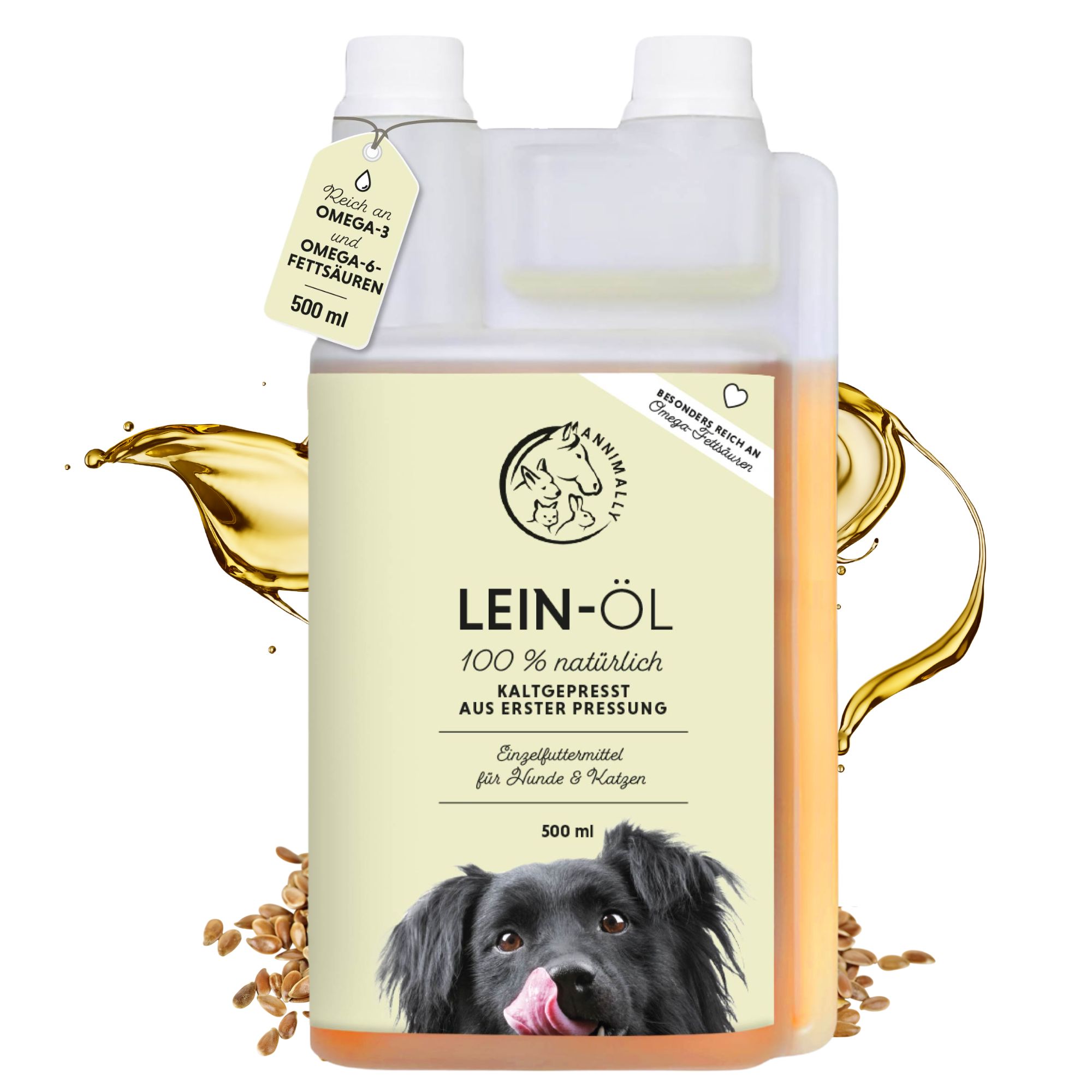 Bouteille d'huile de lin avec étiquette. Contient des acides gras oméga-3 et oméga-6. 500 ml. Pour chiens et chats.