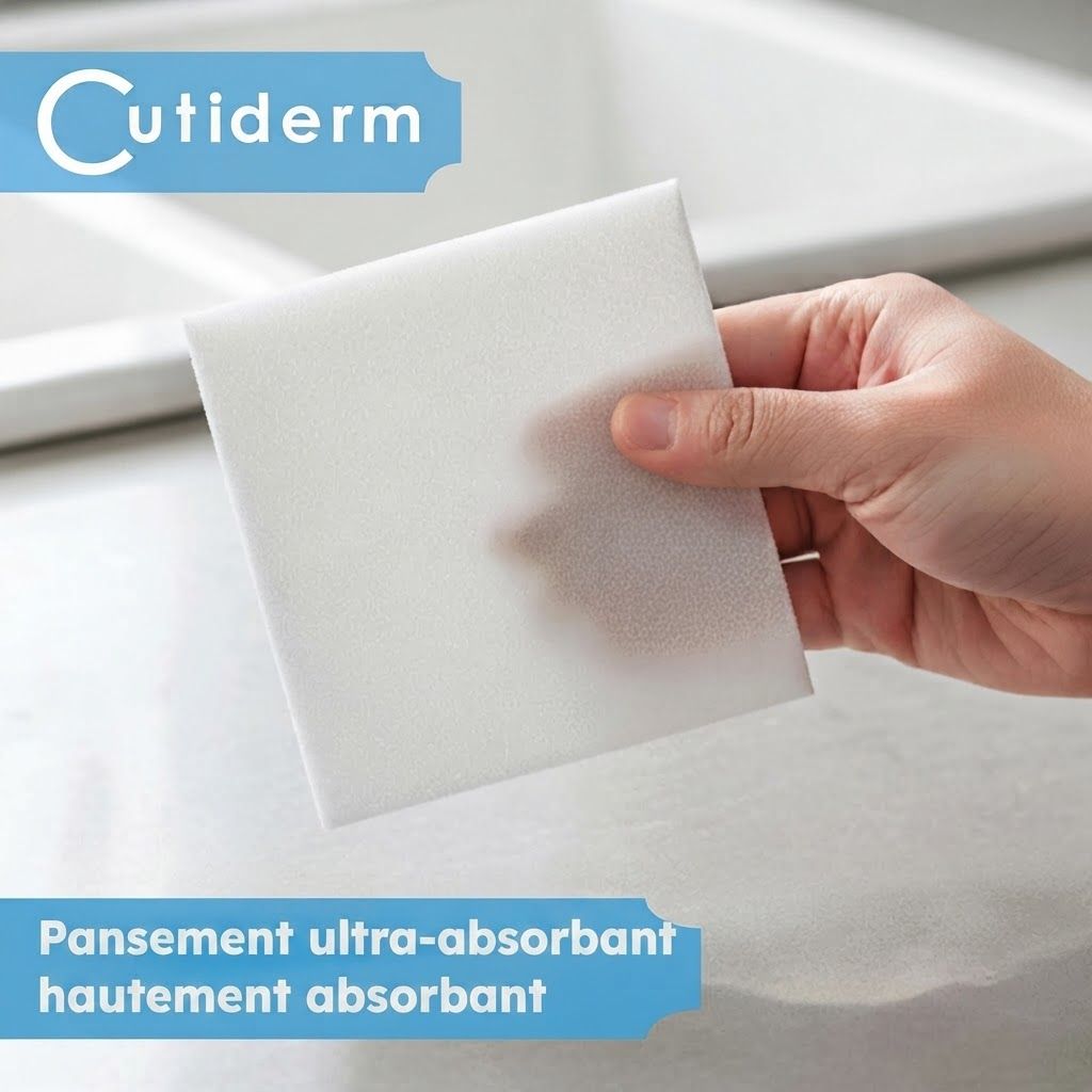 Un pansement blanc ultra-absorbant tenu par une main.