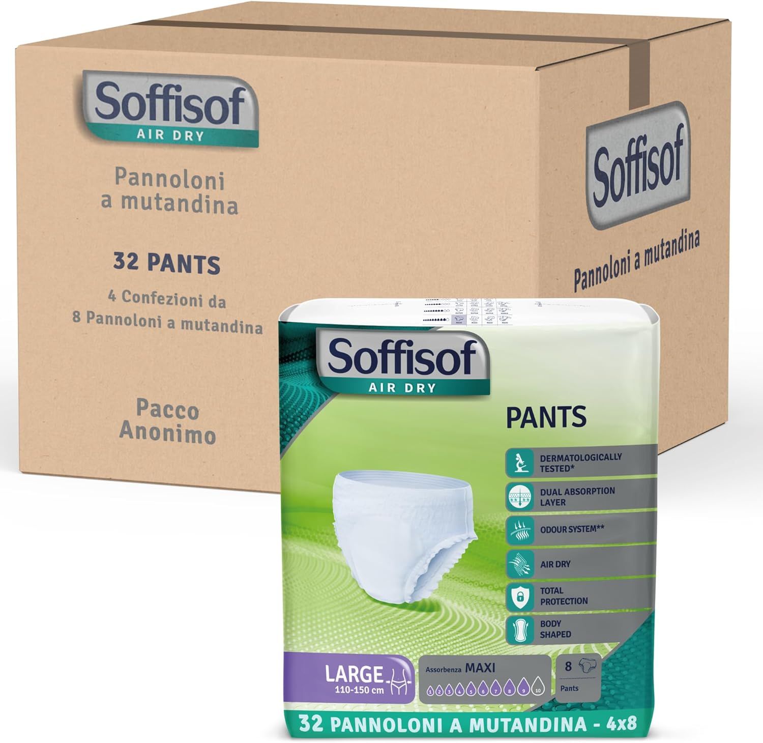 Soffisof Pants Maxi. Verpakking en doos. 32 stuks. Productinformatie op de verpakking.