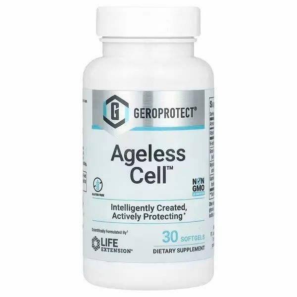 Bouteille blanche de Life Extension Geroprotect Ageless Cell Softgels. Contient 30 gélules molles.
