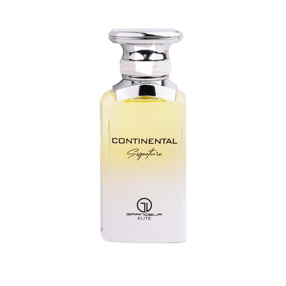Parfumfles met zilverkleurige dop. Opschrift: CONTINENTAL Signature. Daaronder: logo en GRANDELUR ELITE.