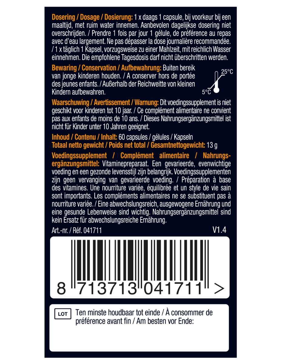 Achterkant van de verpakking van Lucovitaal Vitamine D3. Bevat informatie over bewaring en houdbaarheid.